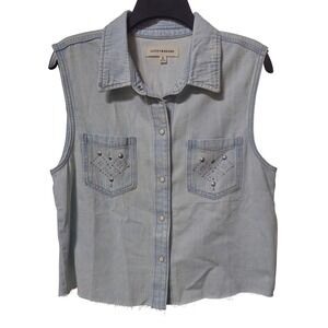 Lucky Brand Womens Light Wash Studded Denim Vest Sleeveless Raw Hem Blue M